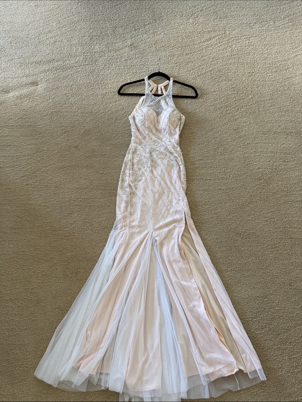 Sean Collection Blush Beaded Mermaid Prom Dress